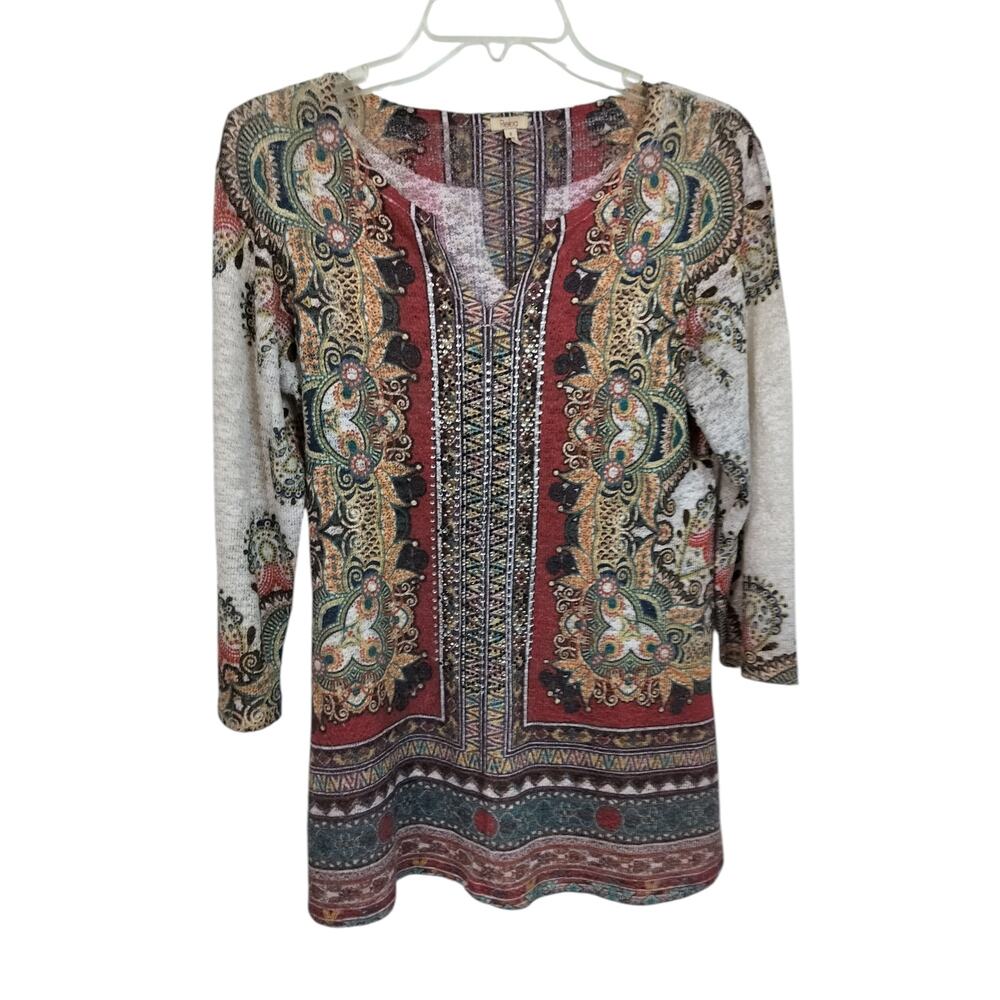 3882) Reba Western Print Jeweled Split Neck 3/4 Sleeve Boho Top Small